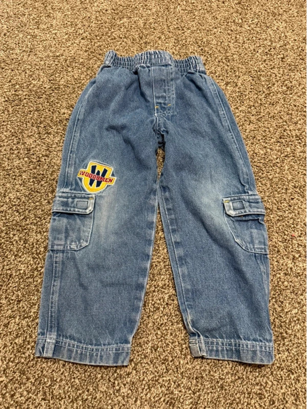 Vintage Disney Toddler Denim Cargo Jeans Woodsmen Patch Elastic Waist Y2K